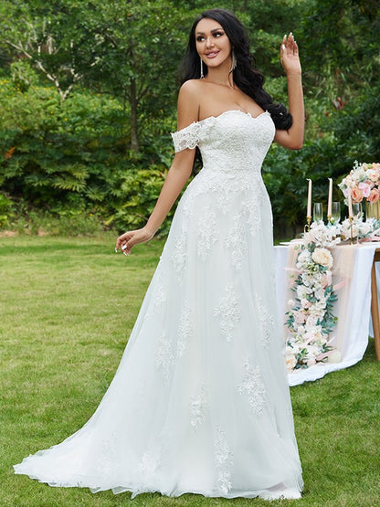 A-Line/Princess Lace Applique Off-the-Shoulder Sleeveless Sweep/Brush Train Wedding Dresses