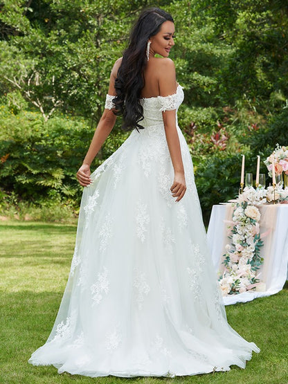 A-Line/Princess Lace Applique Off-the-Shoulder Sleeveless Sweep/Brush Train Wedding Dresses