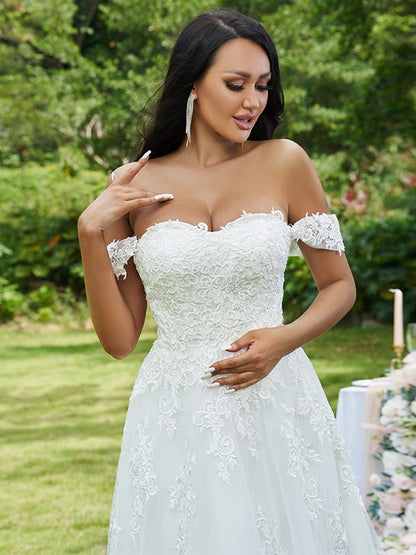 A-Line/Princess Lace Applique Off-the-Shoulder Sleeveless Sweep/Brush Train Wedding Dresses