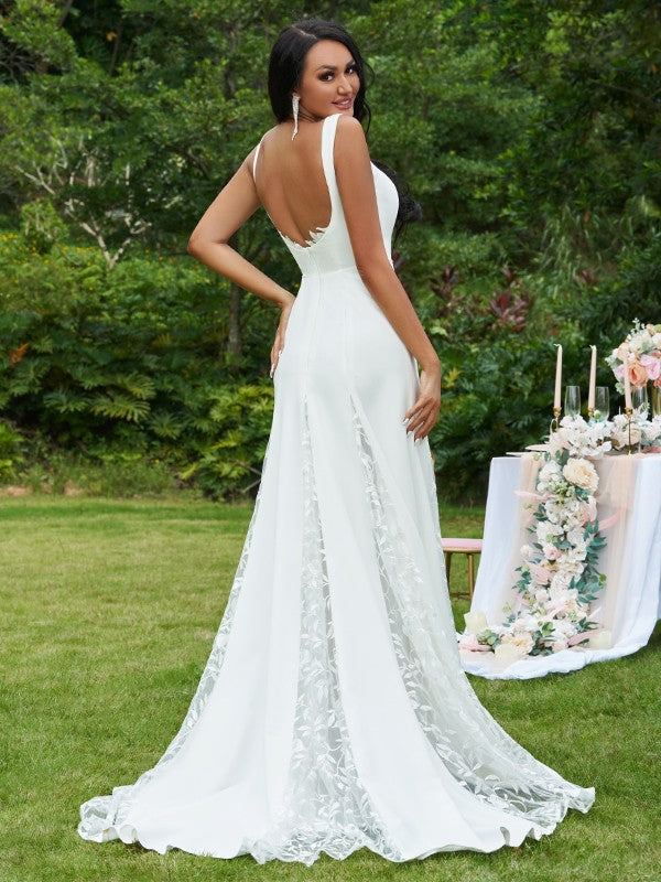 A-Line/Princess Lace Ruffles Straps Sleeveless Sweep/Brush Train Wedding Dresses