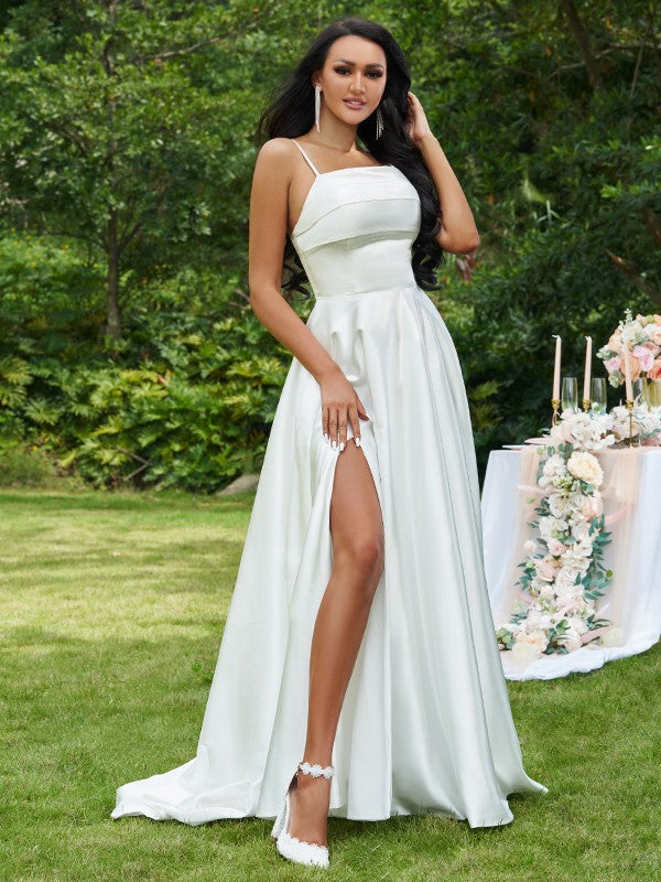 A-Line/Princess Satin Ruffles Spaghetti Straps Sleeveless Sweep/Brush Train Wedding Dresses