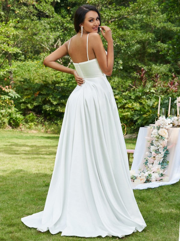 A-Line/Princess Satin Ruffles Spaghetti Straps Sleeveless Sweep/Brush Train Wedding Dresses