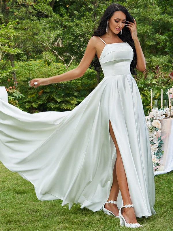 A-Line/Princess Satin Ruffles Spaghetti Straps Sleeveless Sweep/Brush Train Wedding Dresses