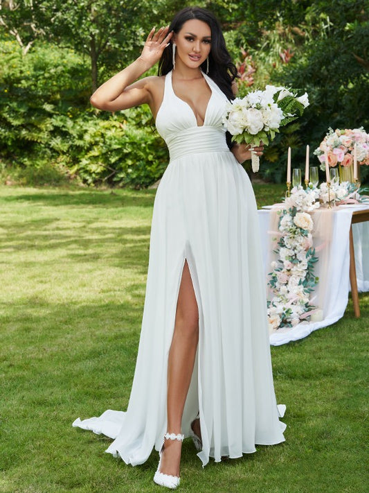 A-Line/Princess Chiffon Ruffles Halter Sleeveless Sweep/Brush Train Wedding Dresses