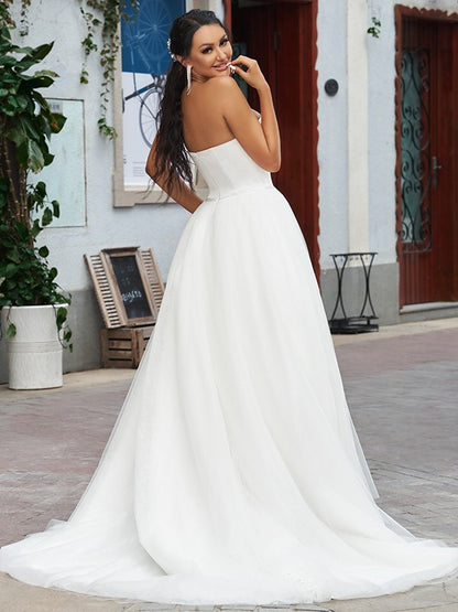 A-Line/Princess Lace Ruffles Sweetheart Sleeveless Sweep/Brush Train Wedding Dresses