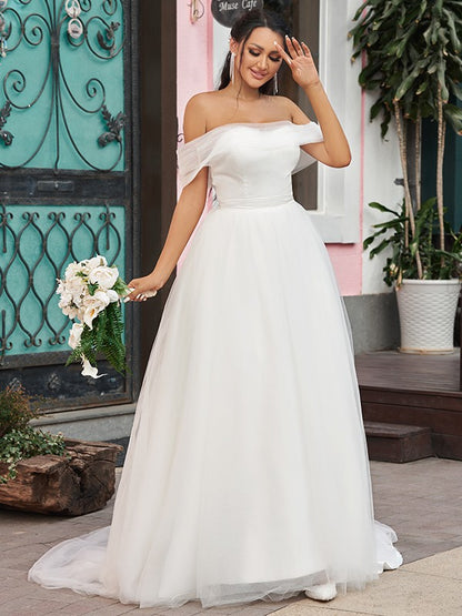 A-Line/Princess Tulle Ruffles Off-the-Shoulder Sleeveless Sweep/Brush Train Wedding Dresses