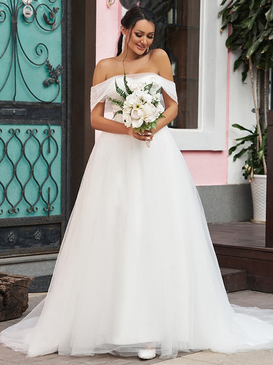 A-Line/Princess Tulle Ruffles Off-the-Shoulder Sleeveless Sweep/Brush Train Wedding Dresses