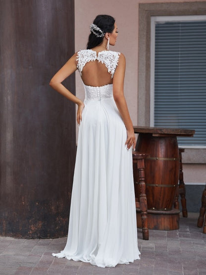 A-Line/Princess Chiffon Lace V-neck Sleeveless Floor-Length Wedding Dresses