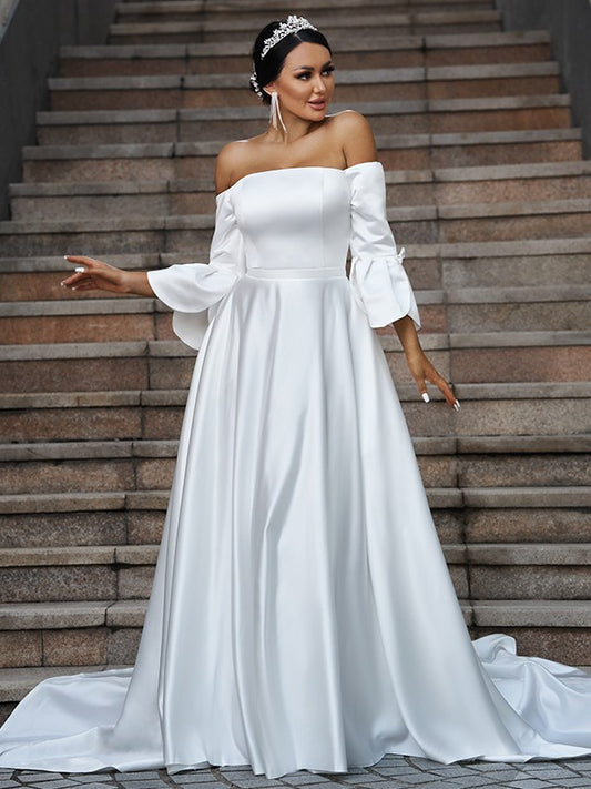 A-Line/Princess Charmeuse Ruffles Off-the-Shoulder 3/4 Sleeves Sweep/Brush Train Wedding Dresses