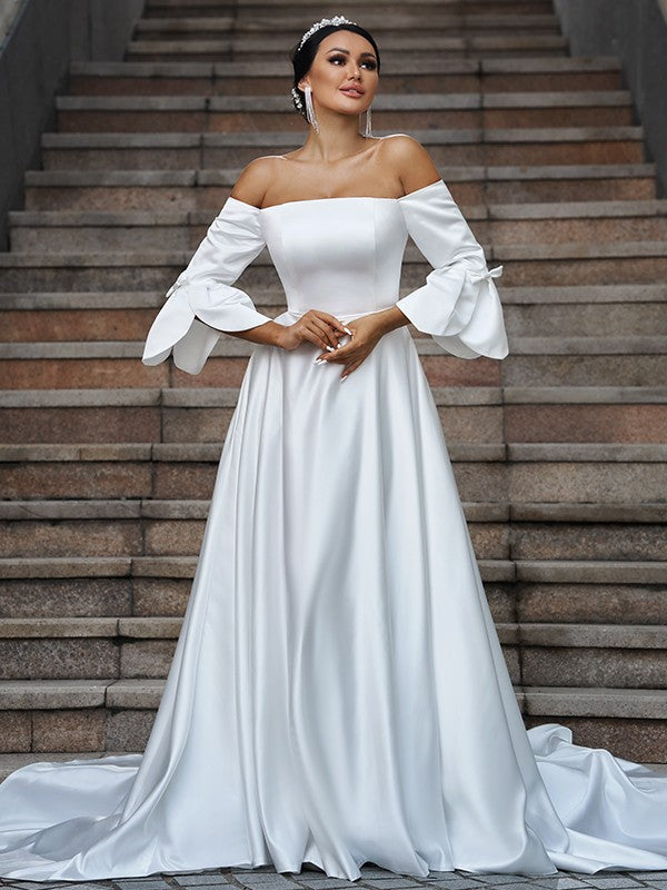 A-Line/Princess Charmeuse Ruffles Off-the-Shoulder 3/4 Sleeves Sweep/Brush Train Wedding Dresses