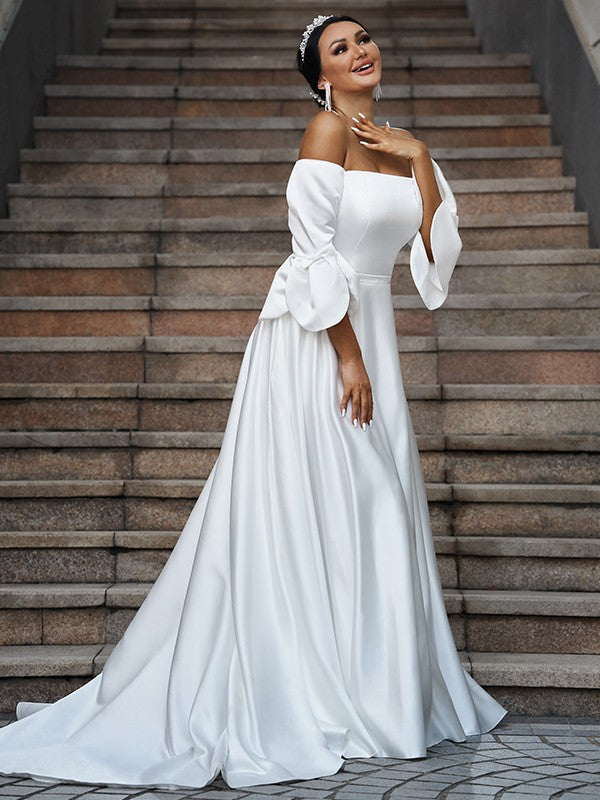 A-Line/Princess Charmeuse Ruffles Off-the-Shoulder 3/4 Sleeves Sweep/Brush Train Wedding Dresses