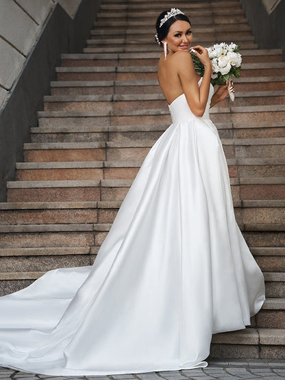 A-Line/Princess Satin Ruffles Sweetheart Sleeveless Chapel Train Wedding Dresses