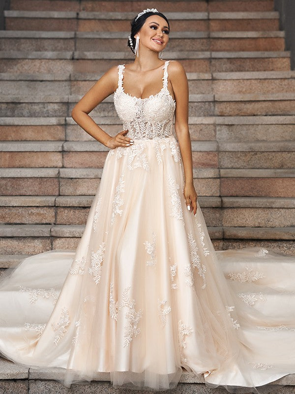 A-Line/Princess Tulle Applique Straps Sleeveless Court Train Wedding Dresses