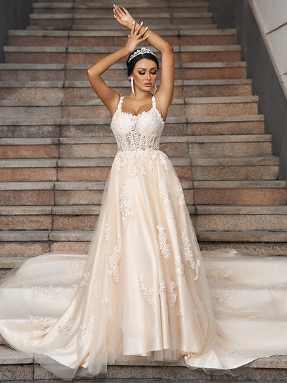 A-Line/Princess Tulle Applique Straps Sleeveless Court Train Wedding Dresses