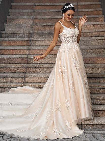 A-Line/Princess Tulle Applique Straps Sleeveless Court Train Wedding Dresses