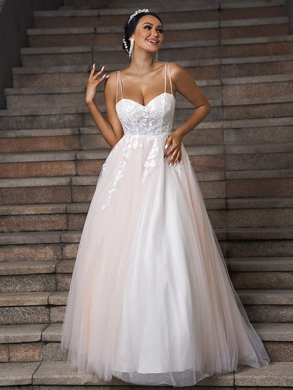 A-Line/Princess Tulle Applique Sweetheart Sleeveless Sweep/Brush Train Wedding Dresses     A-Line/Princess Tulle Applique Sweetheart Sleeveless Sweep/Brush Train Wedding Dresses