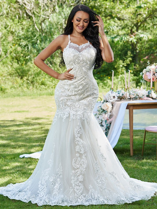 Trumpet/Mermaid Lace Ruffles Spaghetti Straps Sleeveless Sweep/Brush Train Wedding Dresses