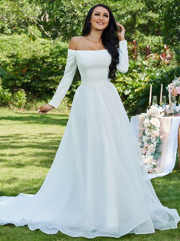 A-Line/Princess Tulle Ruffles Off-the-Shoulder Long Sleeves Sweep/Brush Train Wedding Dresses