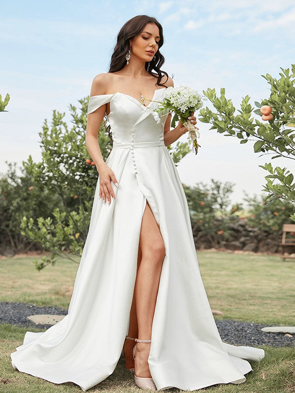 A-Line/Princess Satin Ruched Off-the-Shoulder Sleeveless Sweep/Brush Train Wedding Dresses