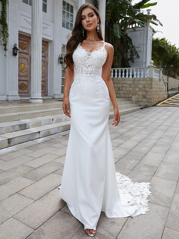 Sheath/Column Stretch Crepe Lace V-neck Sleeveless Sweep/Brush Train Wedding Dresses