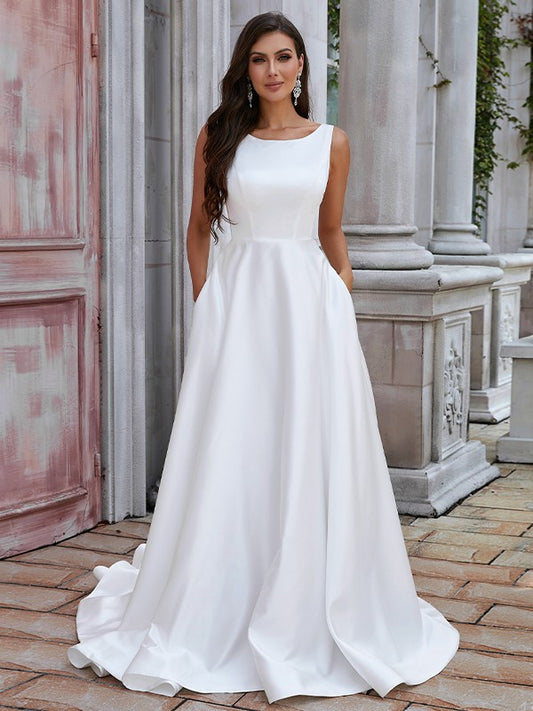 A-Line/Princess Satin Ruffles Scoop Sleeveless Sweep/Brush Train Wedding Dresses