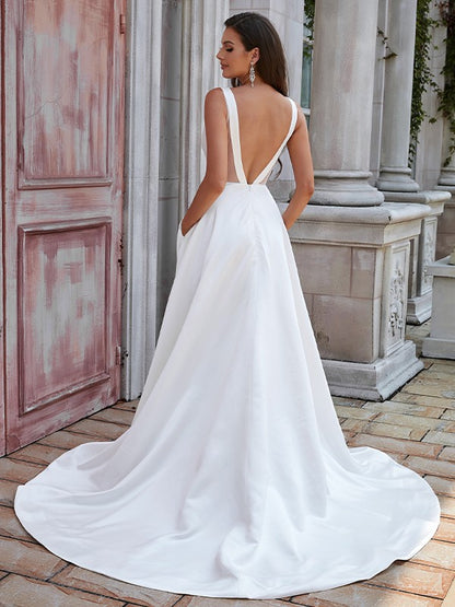 A-Line/Princess Satin Ruffles Scoop Sleeveless Sweep/Brush Train Wedding Dresses