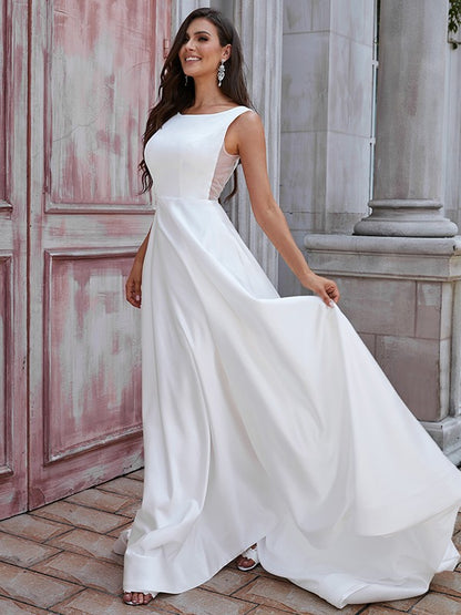 A-Line/Princess Satin Ruffles Scoop Sleeveless Sweep/Brush Train Wedding Dresses