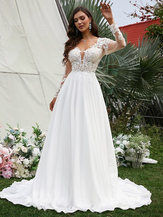 A-Line/Princess Chiffon Applique V-neck Long Sleeves Sweep/Brush Train Wedding Dresses