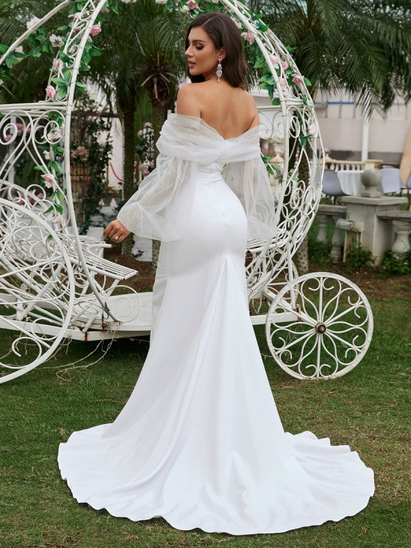 Sheath/Column Stretch Crepe Ruched Off-the-Shoulder Long Sleeves Sweep/Brush Train Wedding Dresses