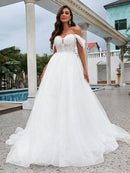 A-Line/Princess Lace Applique Off-the-Shoulder Sleeveless Sweep/Brush Train Wedding Dresses