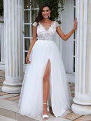 A-Line/Princess Lace Applique Scoop Short Sleeves Sweep/Brush Train Wedding Dresses