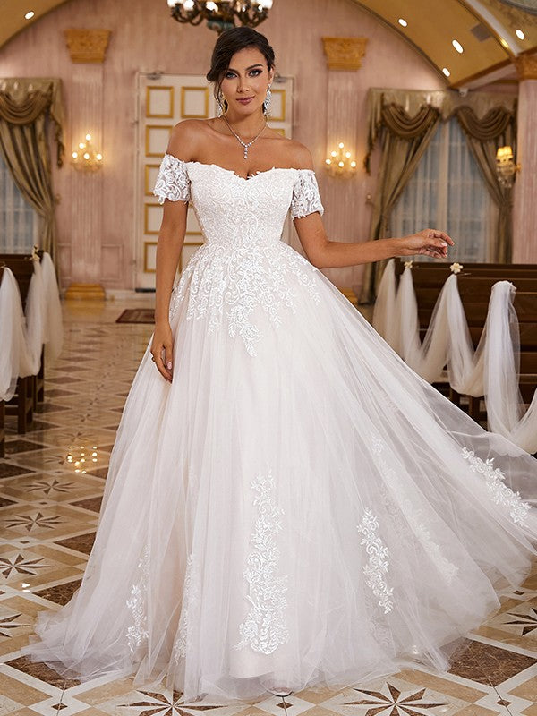 A-Line/Princess Lace Applique Off-the-Shoulder Short Sleeves Sweep/Brush Train Wedding Dresses