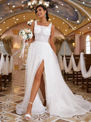 A-Line/Princess Organza Applique Straps Sleeveless Sweep/Brush Train Wedding Dresses