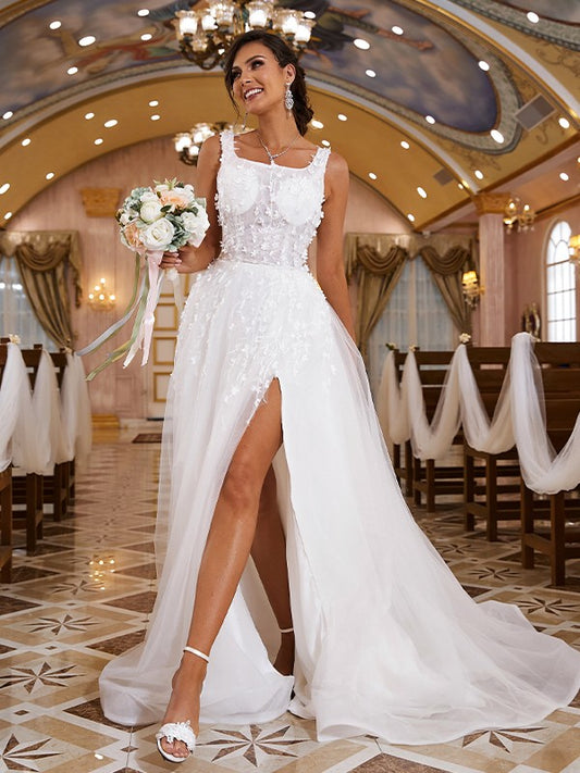 A-Line/Princess Organza Applique Straps Sleeveless Sweep/Brush Train Wedding Dresses