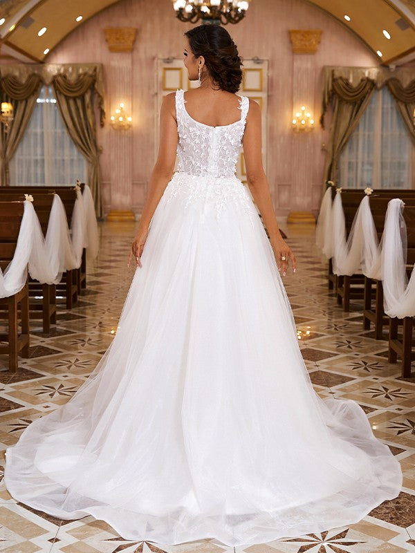 A-Line/Princess Organza Applique Straps Sleeveless Sweep/Brush Train Wedding Dresses