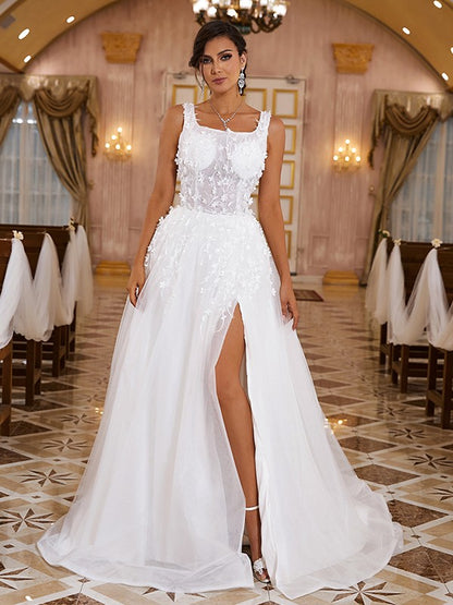 A-Line/Princess Organza Applique Straps Sleeveless Sweep/Brush Train Wedding Dresses