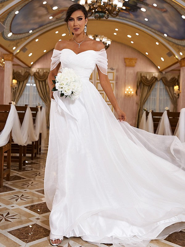 A-Line/Princess Organza Ruched Off-the-Shoulder Sleeveless Sweep/Brush Train Wedding Dresses