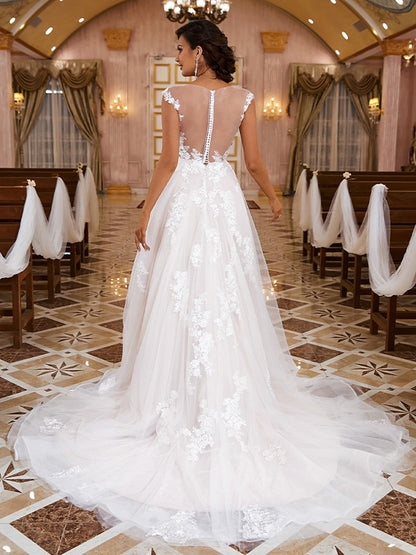 A-Line/Princess Lace Applique V-neck Sleeveless Sweep/Brush Train Wedding Dresses