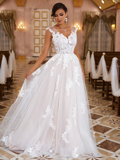 A-Line/Princess Lace Applique V-neck Sleeveless Sweep/Brush Train Wedding Dresses