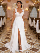 A-Line/Princess Chiffon Applique Straps Sleeveless Sweep/Brush Train Wedding Dresses