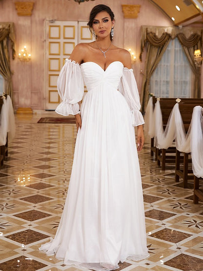 A-Line/Princess 30D Chiffon Ruched Off-the-Shoulder Long Sleeves Sweep/Brush Train Wedding Dresses