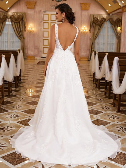 A-Line/Princess Organza Applique V-neck Sleeveless Sweep/Brush Train Wedding Dresses