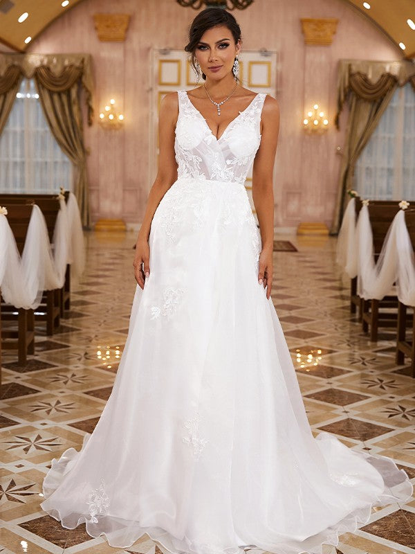 A-Line/Princess Organza Applique V-neck Sleeveless Sweep/Brush Train Wedding Dresses