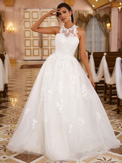 A-Line/Princess Lace Applique Scoop Sleeveless Sweep/Brush Train Wedding Dresses