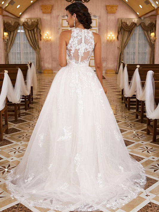 A-Line/Princess Lace Applique Scoop Sleeveless Sweep/Brush Train Wedding Dresses