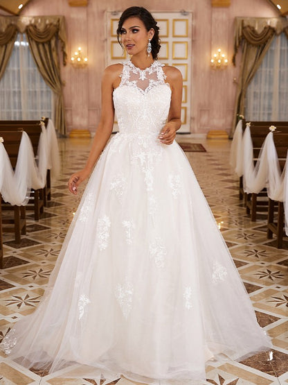 A-Line/Princess Lace Applique Scoop Sleeveless Sweep/Brush Train Wedding Dresses