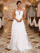 A-Line/Princess Lace Applique Scoop Sleeveless Sweep/Brush Train Wedding Dresses