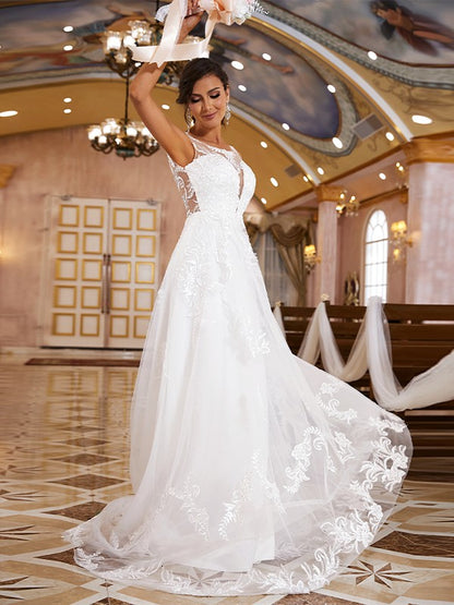 A-Line/Princess Lace Applique Scoop Sleeveless Sweep/Brush Train Wedding Dresses