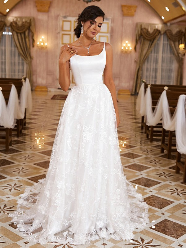 A-Line/Princess Lace Applique Spaghetti Straps Sleeveless Cathedral Train Wedding Dresses