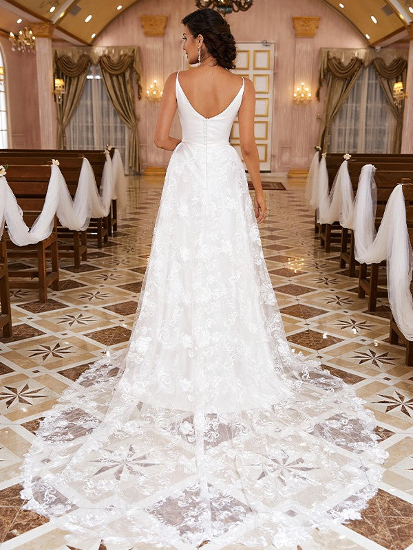 A-Line/Princess Lace Applique Spaghetti Straps Sleeveless Cathedral Train Wedding Dresses